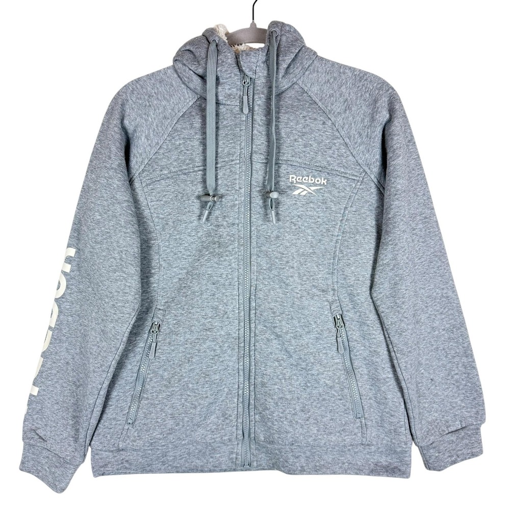 Reebok Hoodie Womens Medium Gray Full Zip Sherpa‎ Lined Pockets Logo High Neck